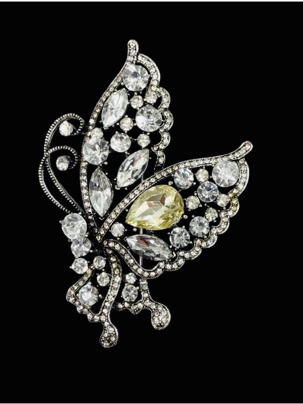 Vintage Butterfly Rhinestone Brooch Pin Silver Tone Yellow Tear Drop Insect Bug